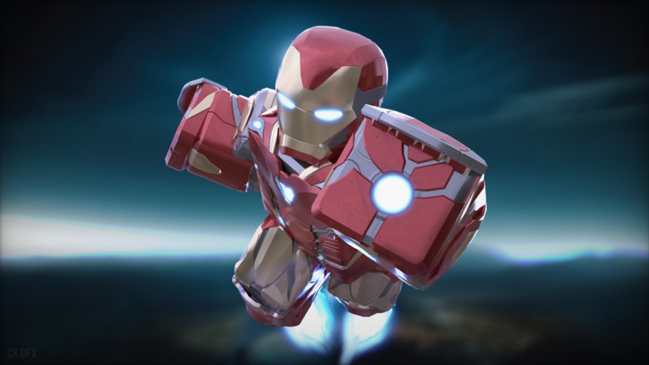 Iron Man Reimagined suit flying toward the camera with glowing repulsors over a dusk skyline