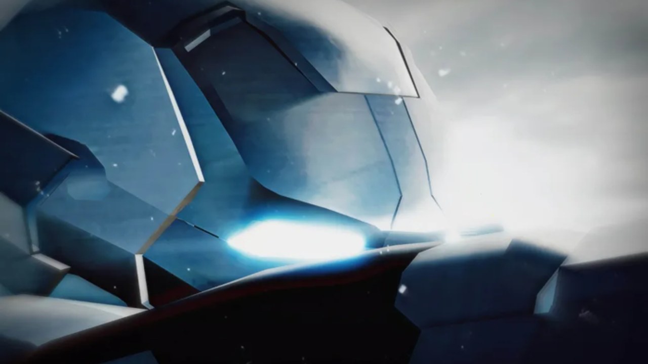 Close-up of a blue nanotech helmet with a glowing eye slit from Iron Man Reimagined